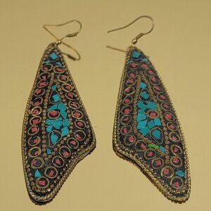 Vintage Nepal Tibetian Brass Turquoise And Coral Drop Earrings 3 In Tribal Boho